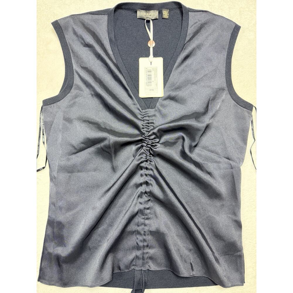 Ted Baker Polii Ruched Front Knitted Top Navy Blue Size 3 US 8 NWT Professional